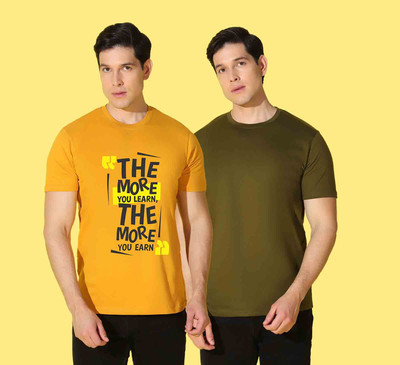 WOOSTRO Printed Men Round Neck Yellow, Green T-Shirt