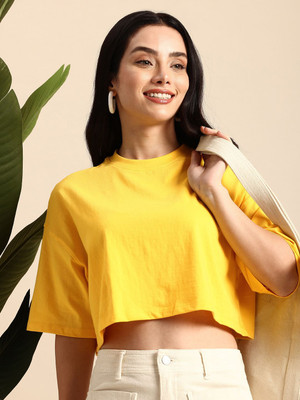 Mast & Harbour Solid Women Round Neck Yellow T-Shirt