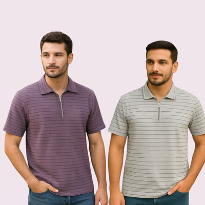 METRONAUT Striped Men Polo Neck Purple, Grey T-Shirt