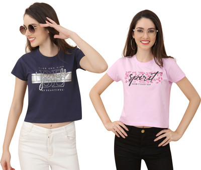vfesta Typography Women Round Neck Pink, Dark Blue T-Shirt