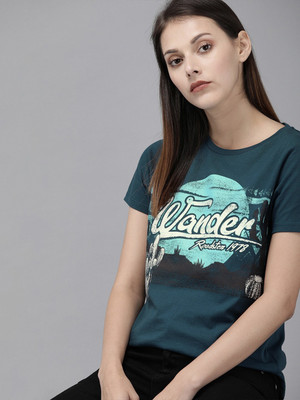 Roadster Printed Women Round Neck Dark Blue T-Shirt