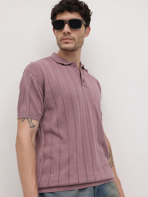 Roadster Striped Men Polo Neck Brown T-Shirt