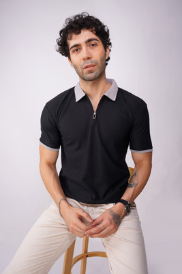 NB NICKY BOY Solid Men Zip Neck Grey T-Shirt