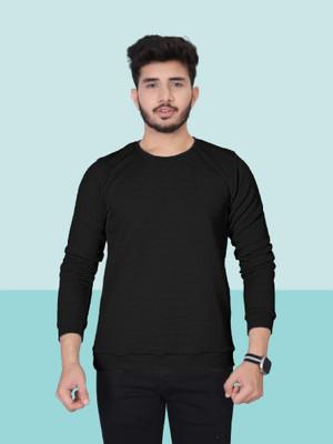 Leweet Self Design Men Round Neck Black T-Shirt