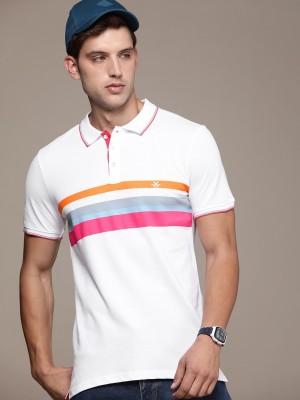 WROGN Striped Men Polo Neck White T-Shirt