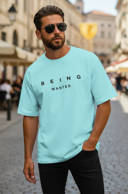 BEING WANTED Typography Men Round Neck Light Blue T-Shirt