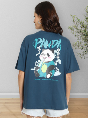 Fabflee Printed Women Round Neck Dark Blue T-Shirt