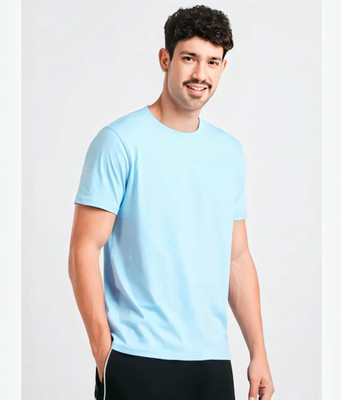 utalus Solid Men Round Neck Blue T-Shirt