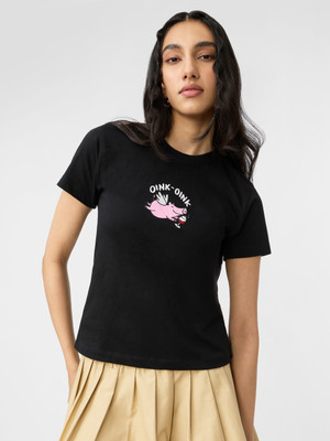 The Souled Store Embroidered Women Round Neck Black T-Shirt