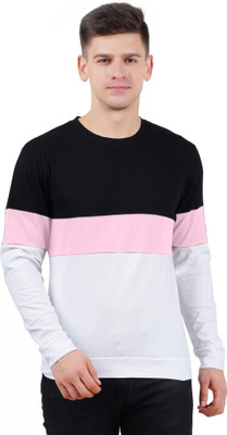 Adorbs Colorblock, Striped Men Round Neck Black, Pink, White T-Shirt