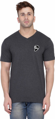 GEUM Printed Men V Neck Grey T-Shirt