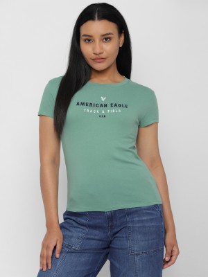 American Eagle Printed, Typography Women Round Neck Green T-Shirt