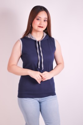 FASHA Solid Women Hooded Neck Dark Blue T-Shirt