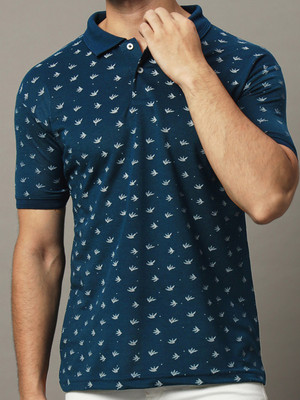SINDHIGARMENT Printed Men Polo Neck Dark Blue T-Shirt