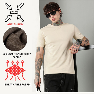 Own The Look Solid Men Round Neck Beige T-Shirt