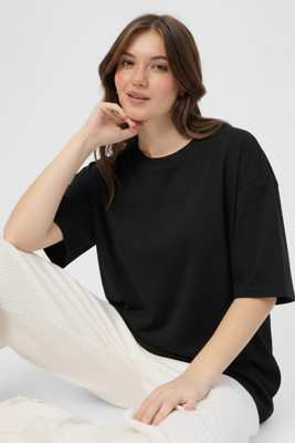 tooidde Solid Women Round Neck Black T-Shirt