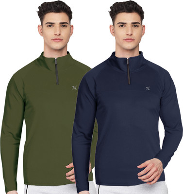 FTX Solid Men Zip Neck Green, Blue T-Shirt
