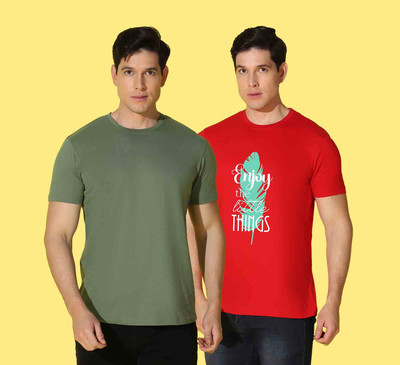 WOOSTRO Solid, Typography Men Round Neck Red, Green T-Shirt