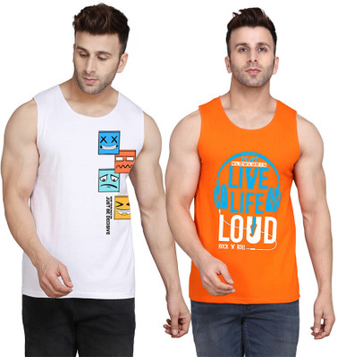 SLOWLORIS Printed Men Scoop Neck Orange, White T-Shirt
