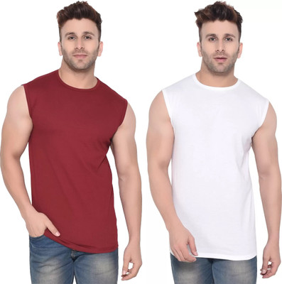 Moordale Fab Solid Men Round Neck Maroon, White T-Shirt
