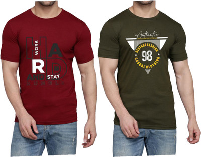 WOOSTRO Printed Men Round Neck Maroon, Dark Green T-Shirt