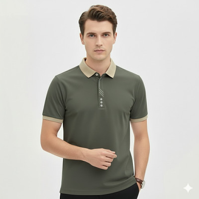 GELAI ENTERPRISE Solid, Self Design, Striped, Printed Men Polo Neck Green T-Shirt