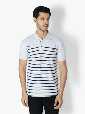 weardo Striped Men Polo Neck Grey T-Shirt