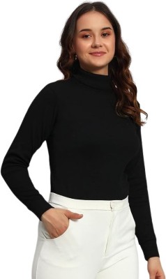 Decent Look Solid, Self Design, Colorblock Women Turtle Neck Black T-Shirt