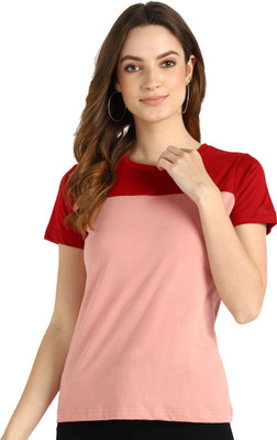 Shashvi Fashion Colorblock Women Round Neck Pink, Maroon T-Shirt