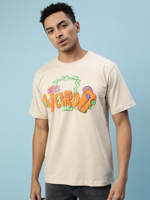 Veirdo Typography Men Round Neck Beige T-Shirt