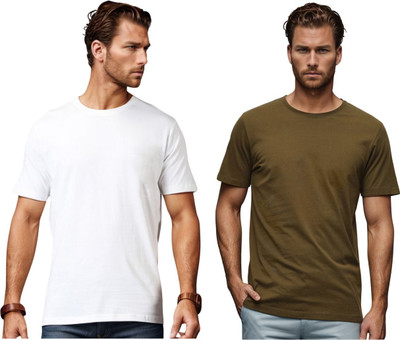 BlueFicus Solid Men Round Neck White, Green T-Shirt