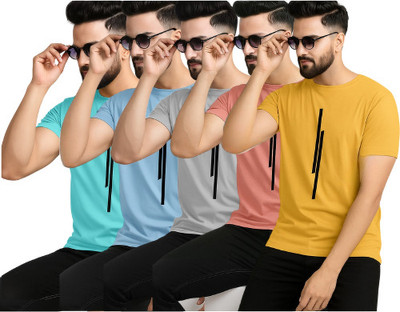 P collection Printed Men Round Neck Light Green, Light Blue, Grey, Pink, Yellow T-Shirt