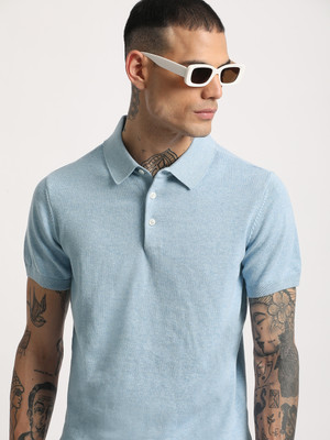 THE BEAR HOUSE Solid Men Polo Neck Blue T-Shirt