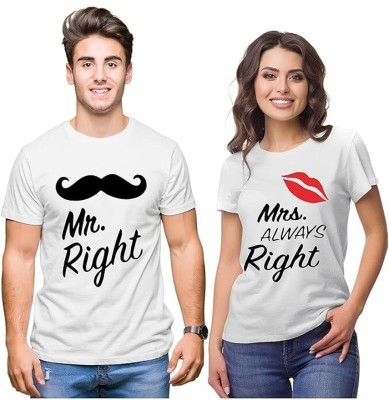 Dreamlive products Printed Couple Round Neck White T-Shirt