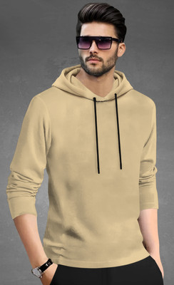 BLIVE Solid Men Hooded Neck Beige T-Shirt