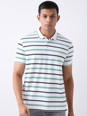 Spykar Striped Men Polo Neck White T-Shirt