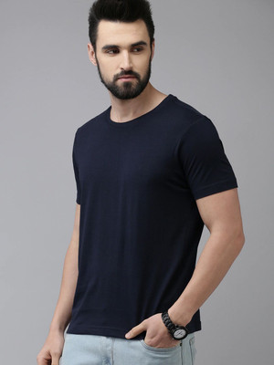 RULEDBYSUN Solid Men Round Neck Navy Blue T-Shirt