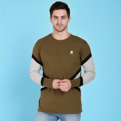 Faricon Trend Colorblock Men Round Neck Brown T-Shirt