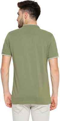 BASICS Self Design Men Mandarin Collar Green T-Shirt