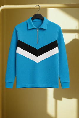 Try This Colorblock Men Zip Neck Light Blue T-Shirt