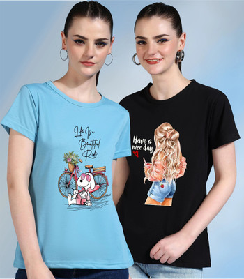 METRONAUT Printed Women Round Neck Light Blue, Black T-Shirt