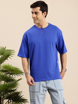 Mast & Harbour Solid Men Round Neck Blue T-Shirt