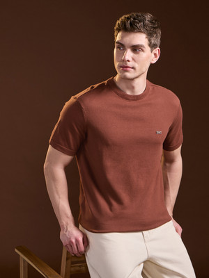 THE BEAR HOUSE Solid Men Round Neck Brown T-Shirt