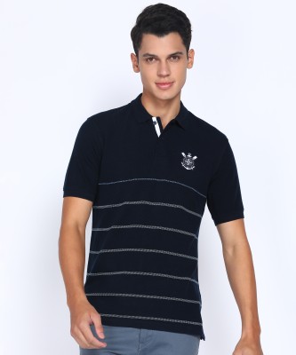 PETER ENGLAND Striped Men Polo Neck Dark Blue T-Shirt