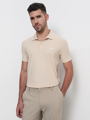 MUFTI Self Design Men Polo Neck Beige T-Shirt