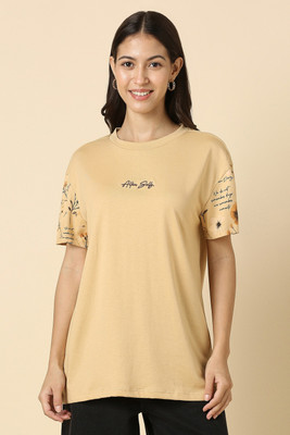 Allen Solly Printed Women Round Neck Beige T-Shirt