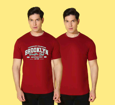 WOOSTRO Solid, Graphic Print Men Round Neck Maroon T-Shirt