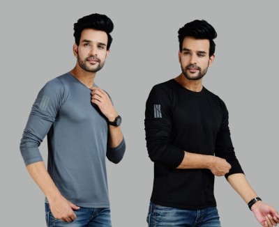 addiz Solid Men Round Neck Black, Grey T-Shirt