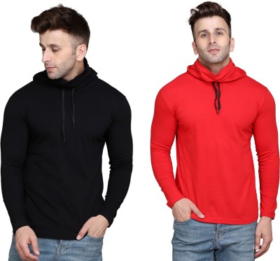 tfurnish Solid Men Hooded Neck Red, Black T-Shirt