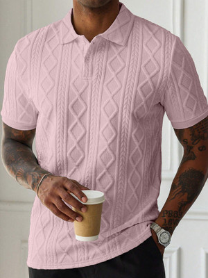 PRAIZY Self Design Men Polo Neck Pink T-Shirt